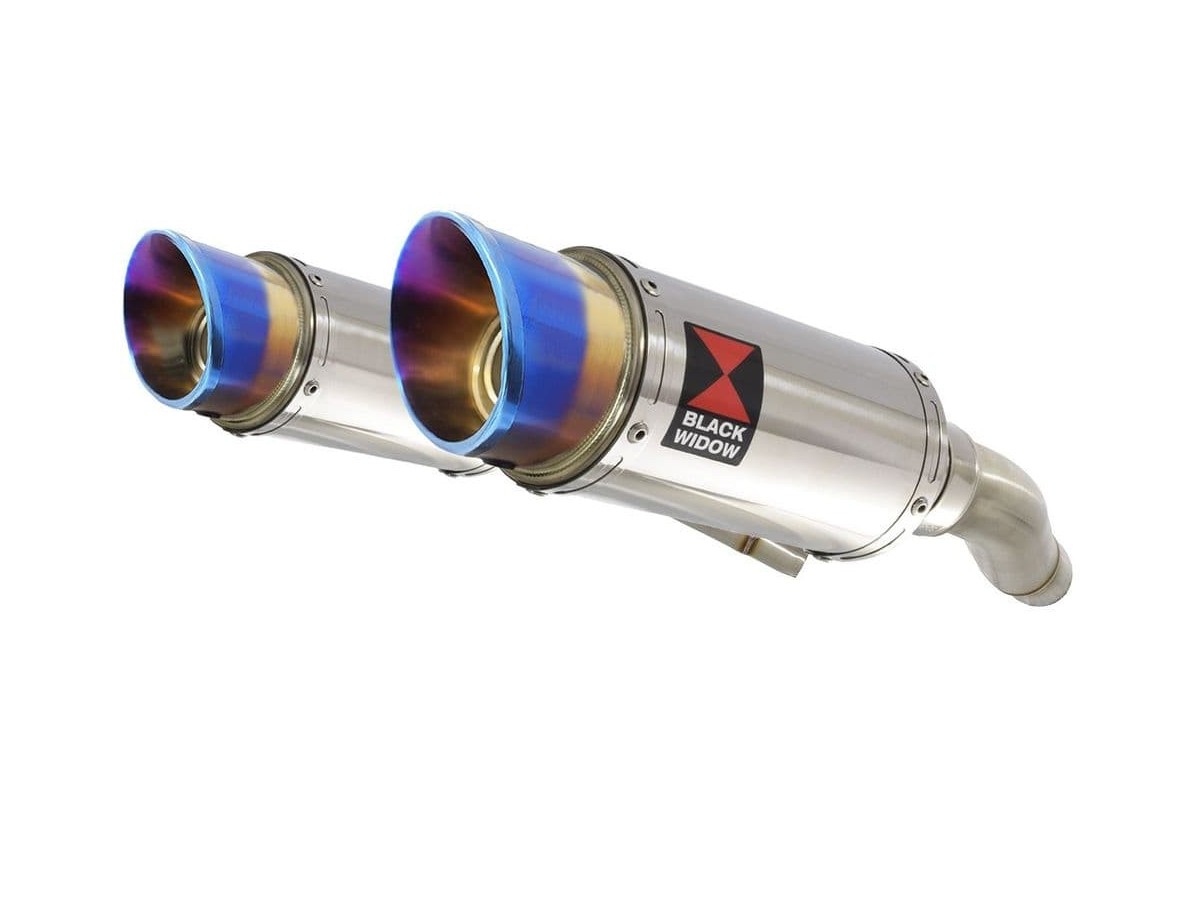 Twin Exhaust Silencers 200mm Round Blue Tip Stainless TRIUMPH Triumph Street Triple 675 2007-2012 Black Widow