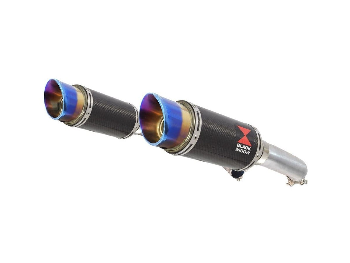 Exhaust Link Pipes + 200mm Round Blue Tip Carbon Silencers HONDA VTR1000 F Firestorm (SC36) Black Widow