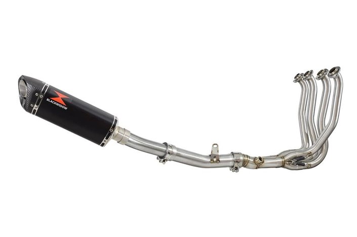 Race De-Cat Exhaust System 300mm Tri Oval Black Stainless + Carbon Silencer KAWASAKI ZX6R ZX-6R 2009 - 2020 Black Widow