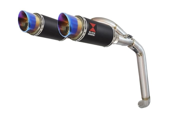 Exhaust Link Pipes + 200mm Round Blue Tip Black Stainless Silencers HONDA VFR 800 VTEC (RC46) 2002 - 2013 Black Widow