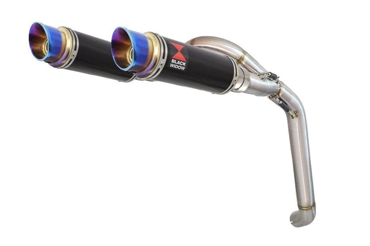 Exhaust Link Pipes + 230mm Round Blue Tip Black Stainless Silencers HONDA VFR 800 VTEC (RC46) 2002 - 2013 Black Widow