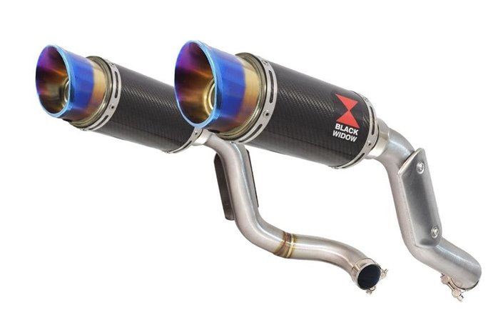 Exhaust High Level Link Pipes + 200mm Round Blue Tip Carbon Silencers HONDA VTR1000 F Firestorm (SC36) Black Widow