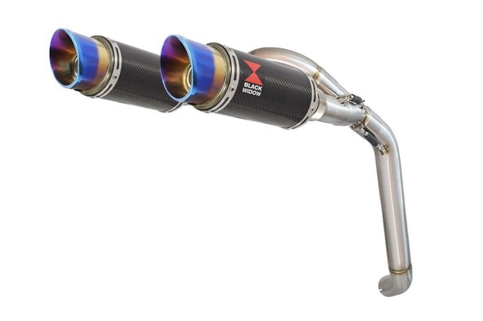 Exhaust Link Pipes + 200mm Round Blue Tip Carbon Silencers HONDA VFR 800 VTEC (RC46) 2002 - 2013 Black Widow