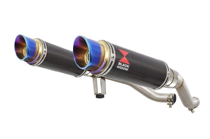 Twin Exhaust Silencer 230mm Round Blue Tip Carbon SUZUKI GW 250 Inazuma 2012-2017 Black Widow