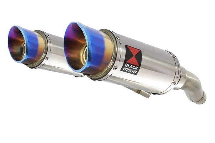 Twin Exhaust Silencers 200mm Round Blue Tip Stainless TRIUMPH Triumph Street Triple R 675 2007-2012 Black Widow