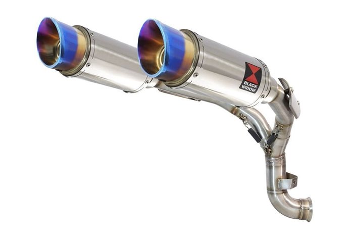 Twin 200mm Round Stainless Silencers Blue Tip & De Cat Eliminator Exhaust Pipe KTM 890 Duke 2020-2021 Black Widow