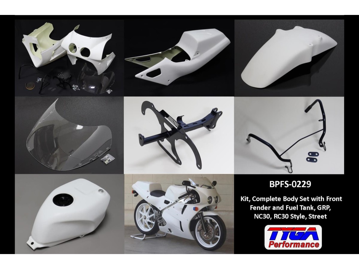 Kit Carenature Complete Tyga Honda VFR400 NC30 con parafango anteriore e serbatoio carburante in stile GRP RC30