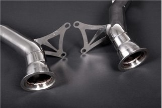 Decatalyst downpipe with Capristo Ferrari 458 stainless steel thermal blankets